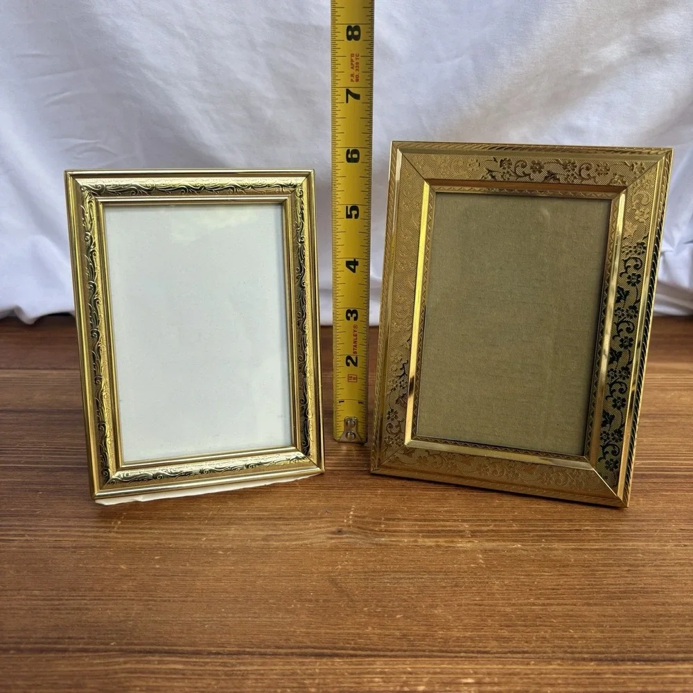 2pc Gold Tone Small Picture Frame Set Ornate Decorative Vintage Style